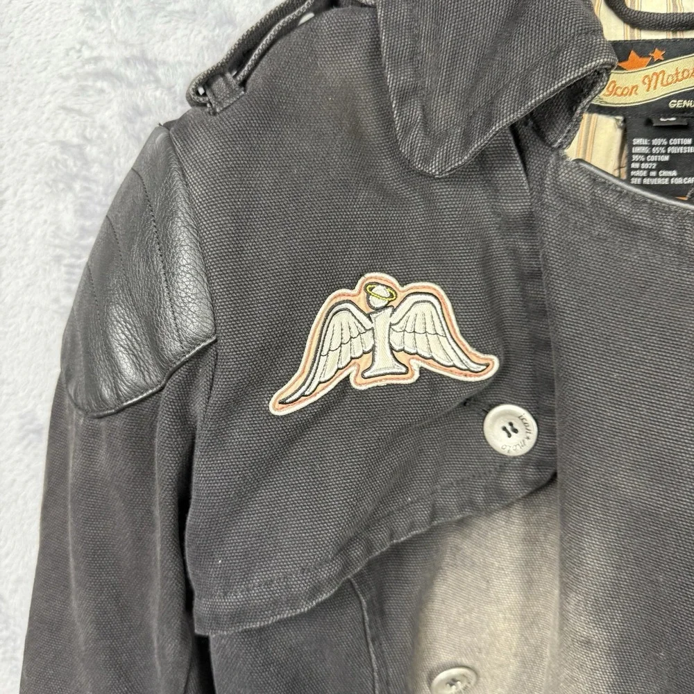 Icon Motorsports Textile Armoured Canvas Black Motorcycle Jacket Coat LG Patches